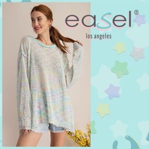 Easel "Pass the Popcorn" Loose Fit Distressed Confetti Knit Sweater Top W/Pocket